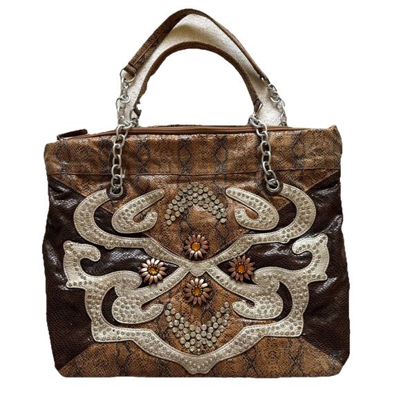 Y2K Faux Snakeskin Rhinestone Appliqué Tote Bag – 2000s Western McBling Mallcore - Picture 1 of 12